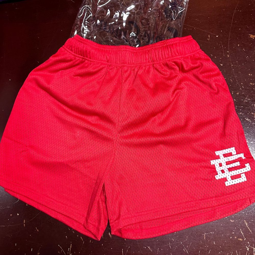 Eric Emanuel Mens Red Logo Elastic Waist Pockets Comfort Mesh Shorts Size Large